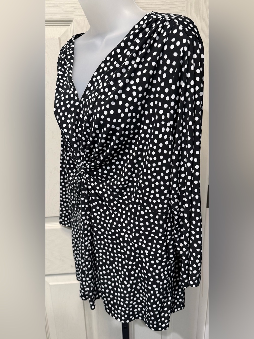 Laura Ashley Black and White Polka Dot Twist-Front Long Sleeve Top
